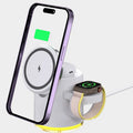 C16 portable magnetic three-in-one wireless folding charger in black or ivory white showing phone, watch and earbud charging