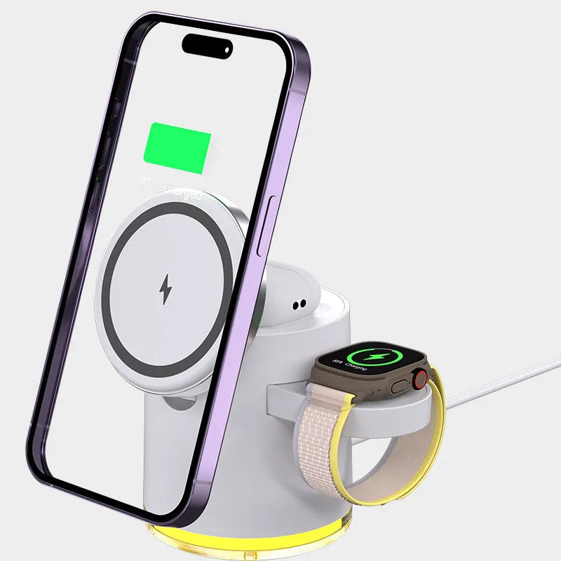 C16 portable magnetic three-in-one wireless folding charger in black or ivory white showing phone, watch and earbud charging