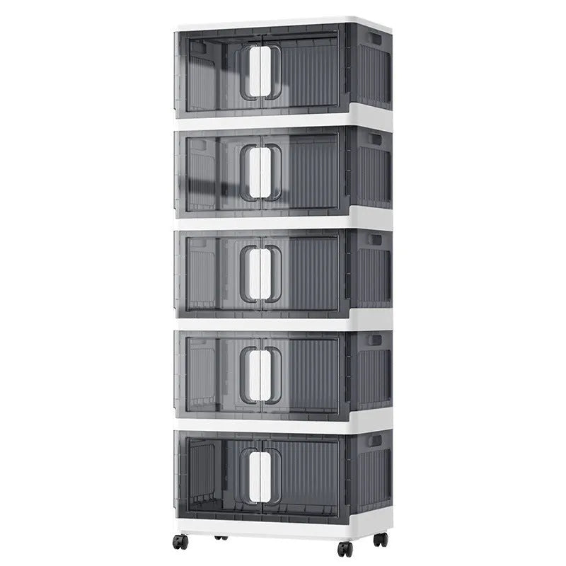 Foldable wardrobe storage locker with wheels in white or grey showing multiple layer shelves for household organisation