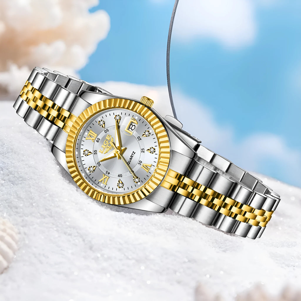 Women's fashion quartz watch in metallic gold and silver colour options, 10mm thickness