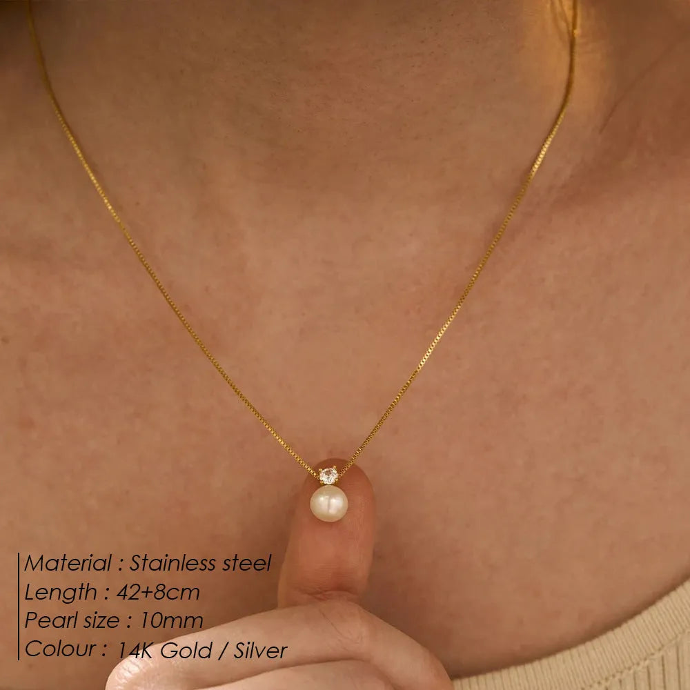 St Delan simple pearl zircon necklace for women with stainless steel chain and box chain style