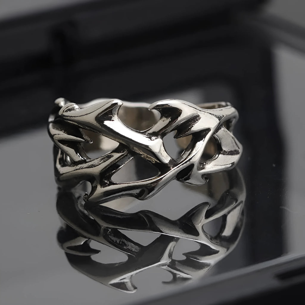 Copper men's thorn flower ring with geometric floral patterns and adjustable opening