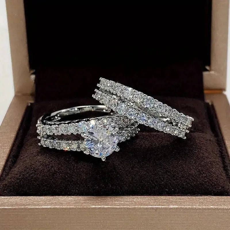 2 in 1 fashion female ring set in alloy with diamond treatment showing silver gold rose gold colours