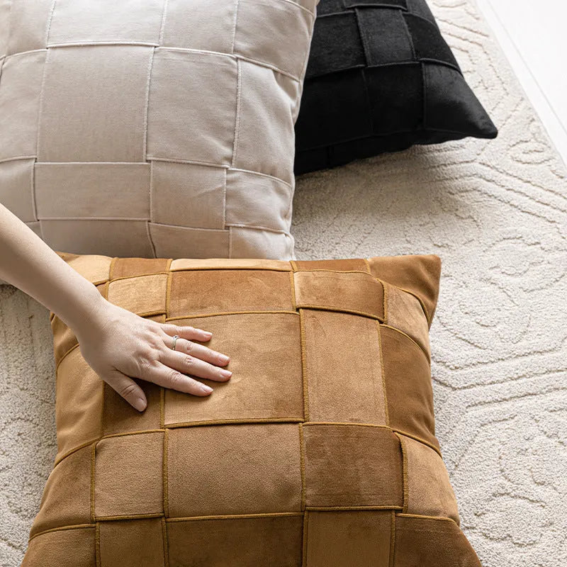 Square chenille woven cushion in beige, black, orange, reddish brown, retro green, rice coffee, or taupe, 50x50cm.