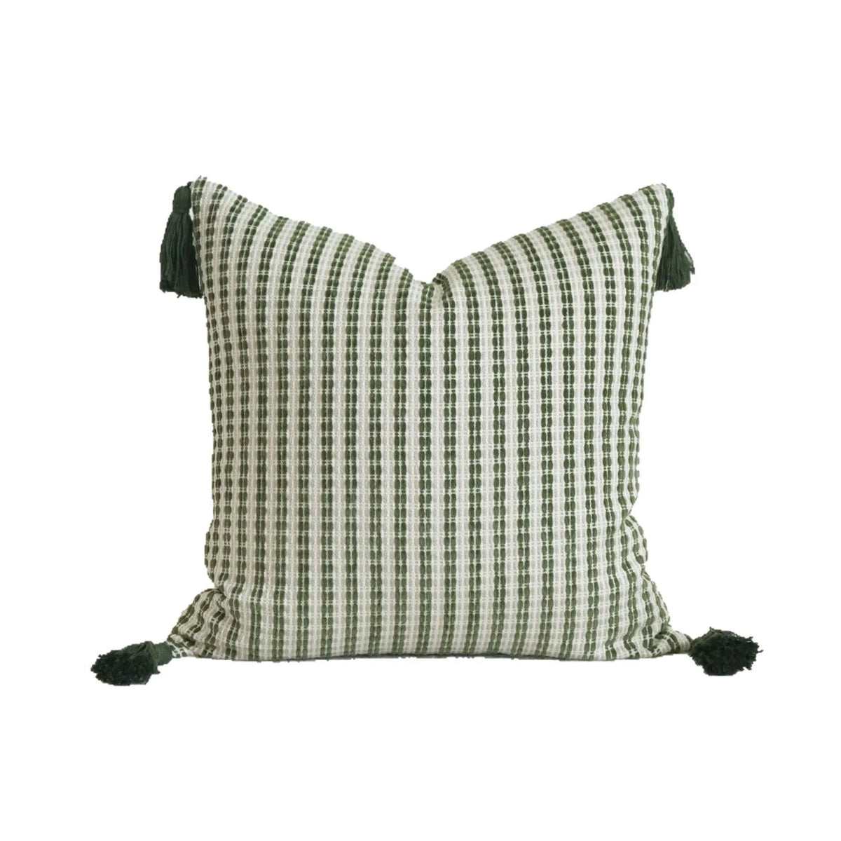 Silent Wind green cotton linen hotel pillow with striped botanical pattern and tassel trim in multiple size options