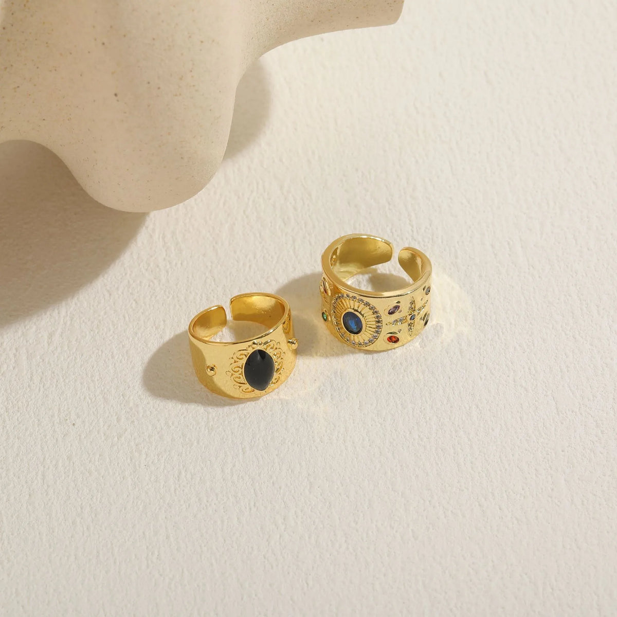 Geometric Chinese style vintage ring with electroplated black finish and zircon accents on copper base