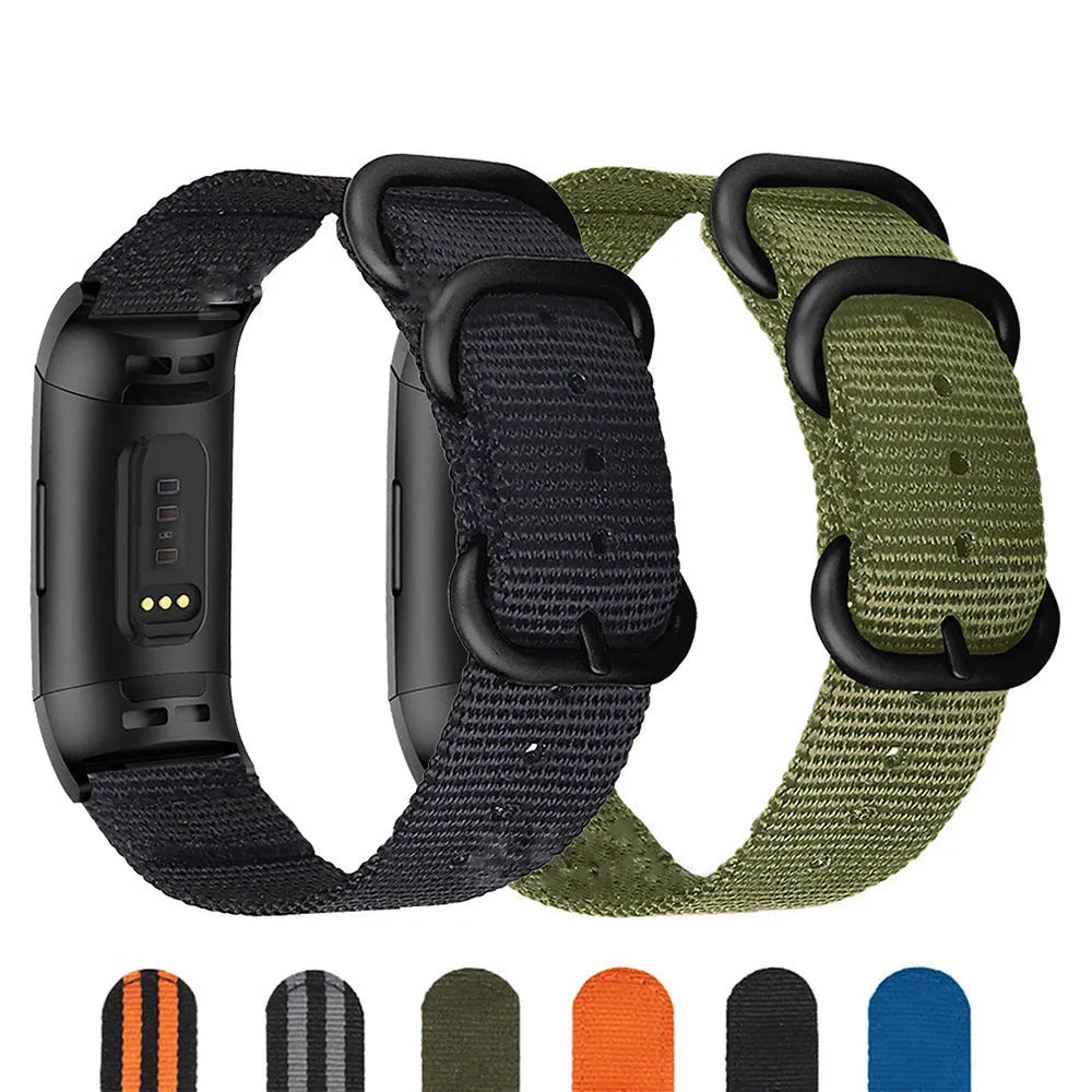 Nylon three-ring buckle replacement strap for Fitbit Charge 2, Charge 3, Charge 4 and Charge 5 fitness trackers.