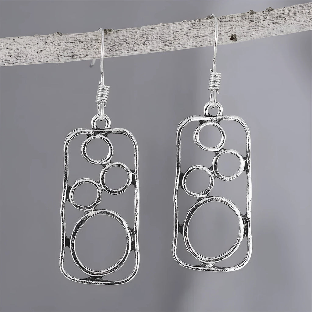 Geometric round ring earrings with irregular square shapes in antique silver zinc alloy