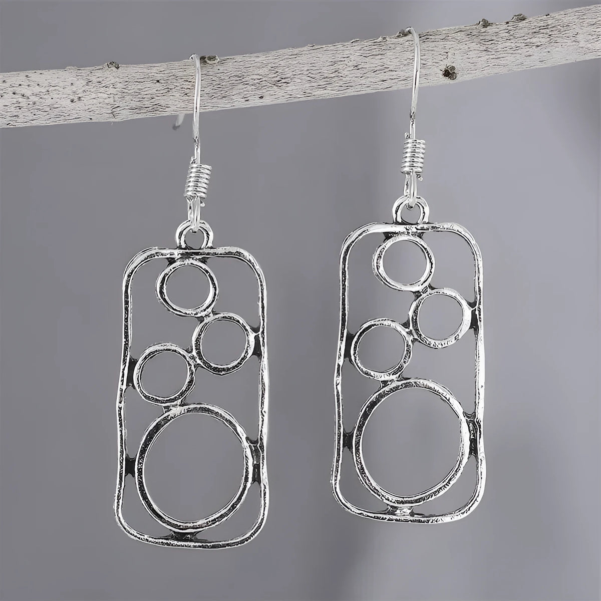 Geometric round ring earrings with irregular square shapes in antique silver zinc alloy
