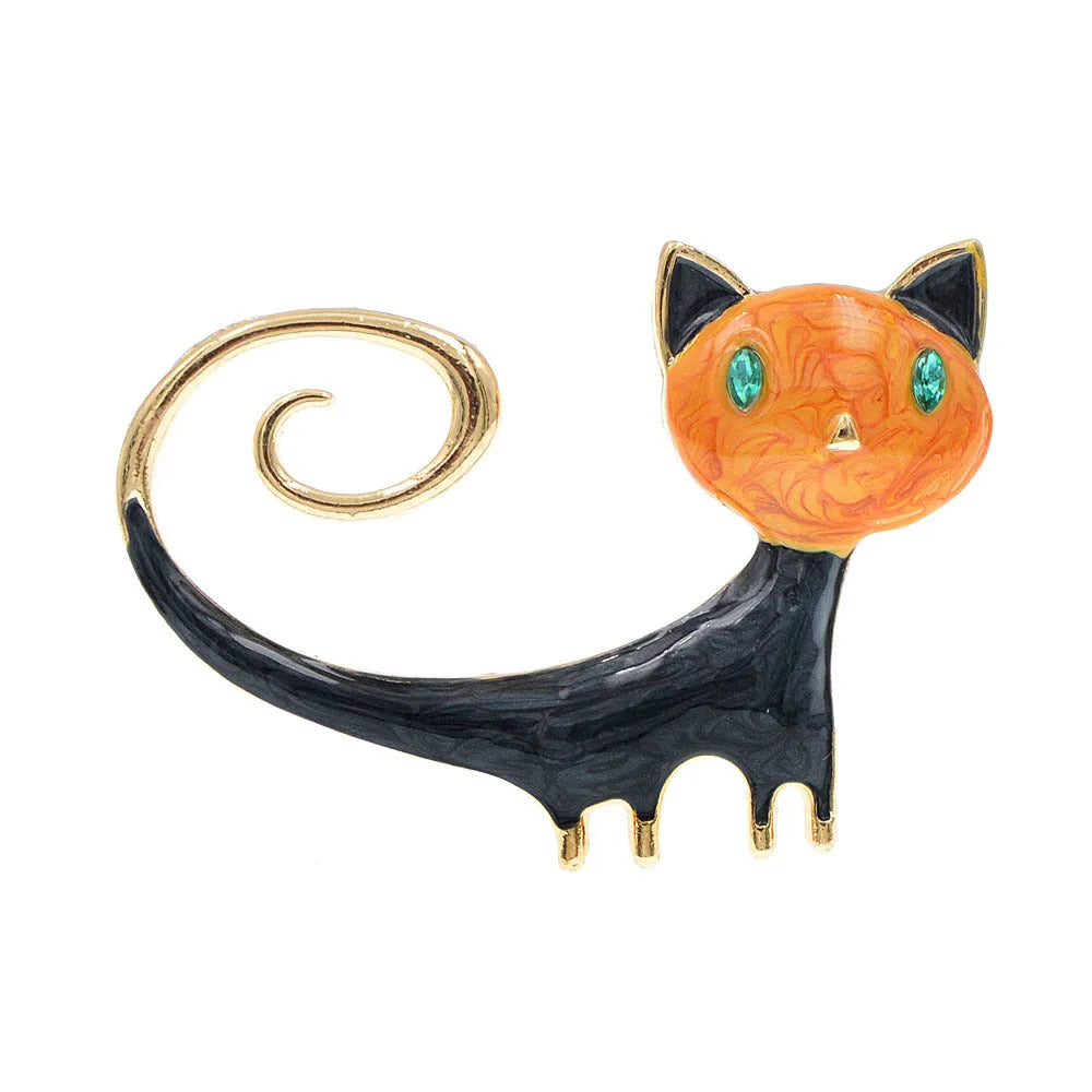 Women's alloy cat brooch with painted tailing-up kitty design in white or orange