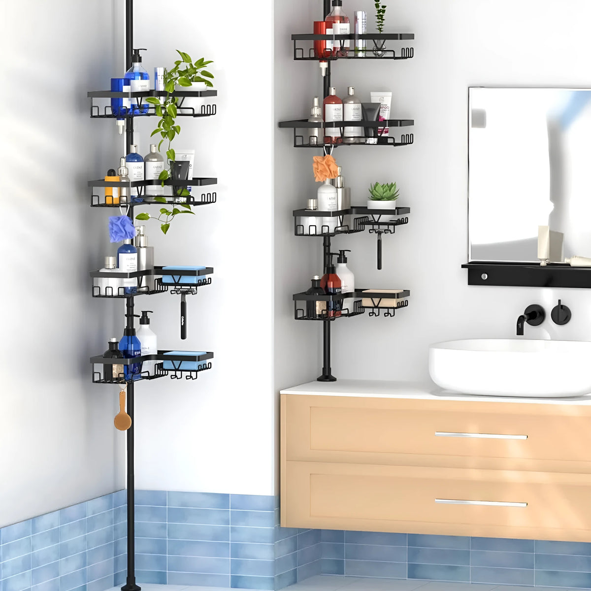 Retractable four-layer bathroom storage rack with stainless steel construction and hole-free wall mounting