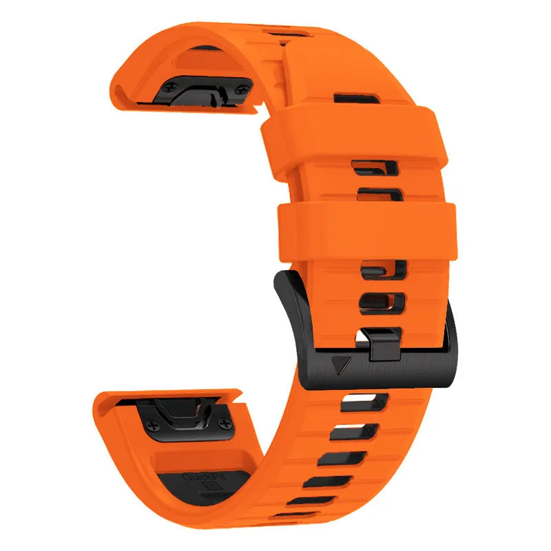 Two-tone quick release silicone watch strap for Garmin Fenix smartwatches in 22mm and 26mm sizes.