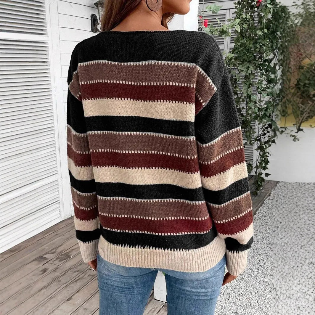 Women's colourblock striped polyester pullover sweater in black blue grey colours