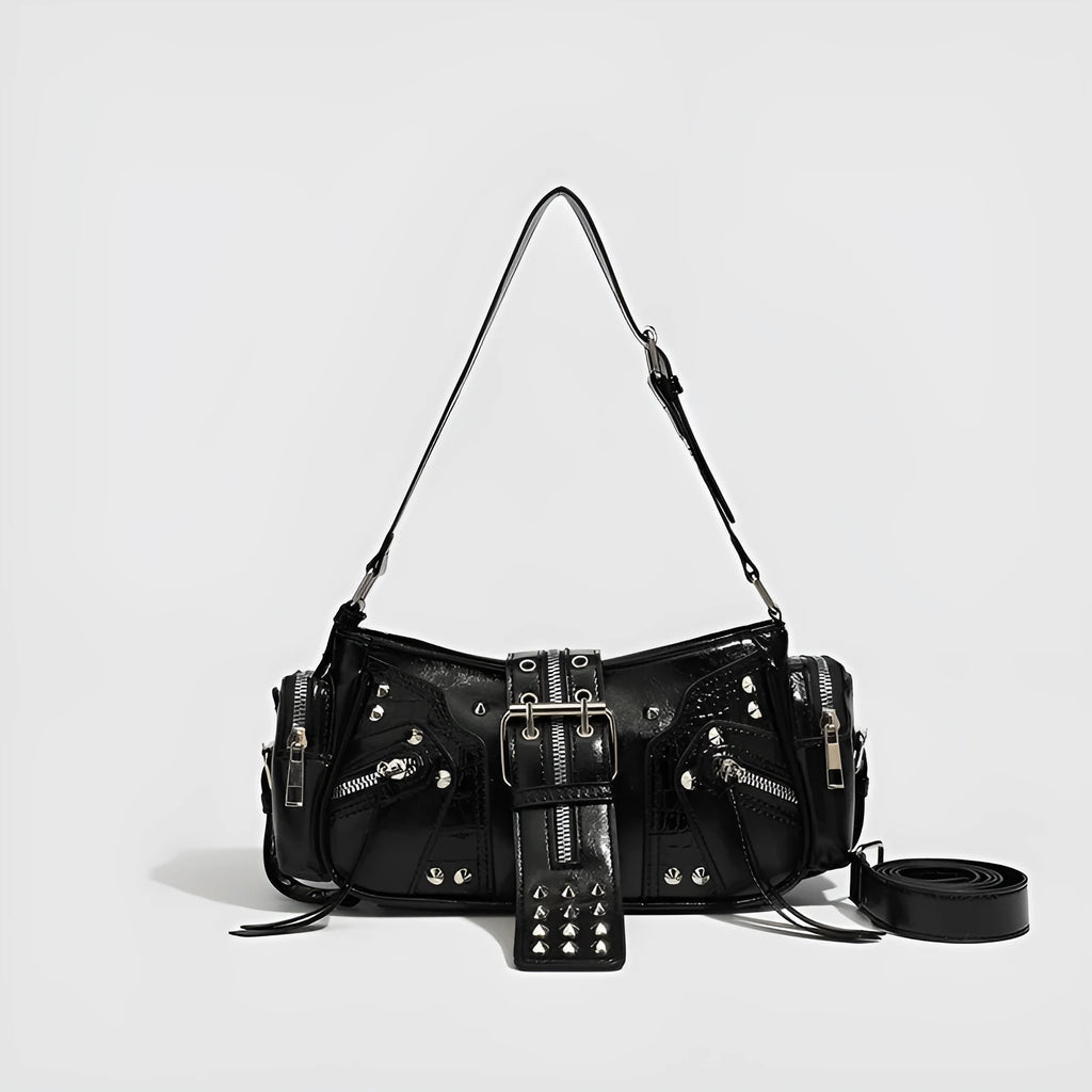 Black retro dumpling-shaped oil wax leather handbag with shoulder strap and multiple compartments