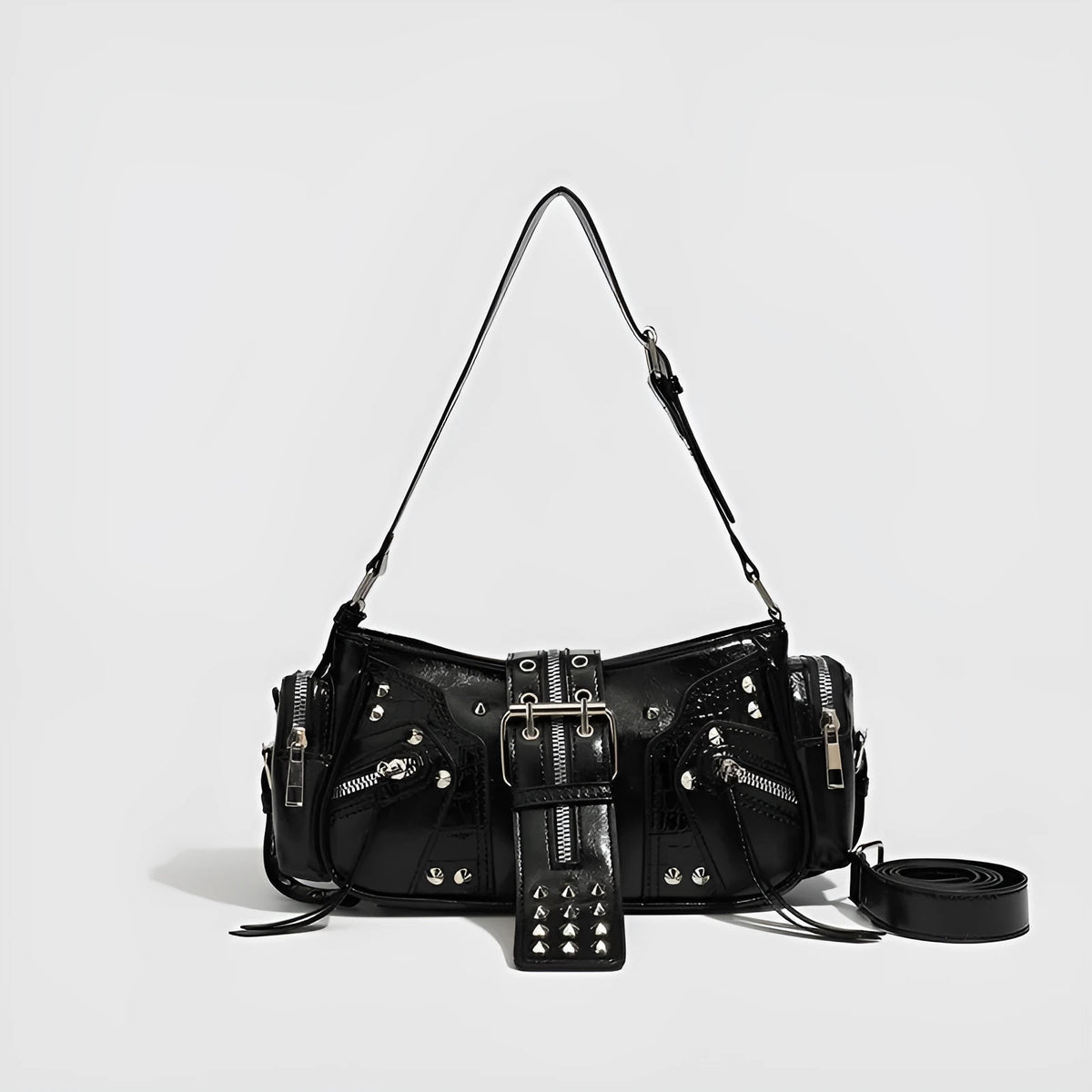 Black retro dumpling-shaped oil wax leather handbag with shoulder strap and multiple compartments