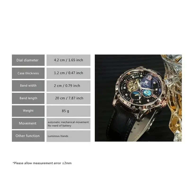 Large dial hollow automatic mechanical watch with rose gold shell and black leather strap