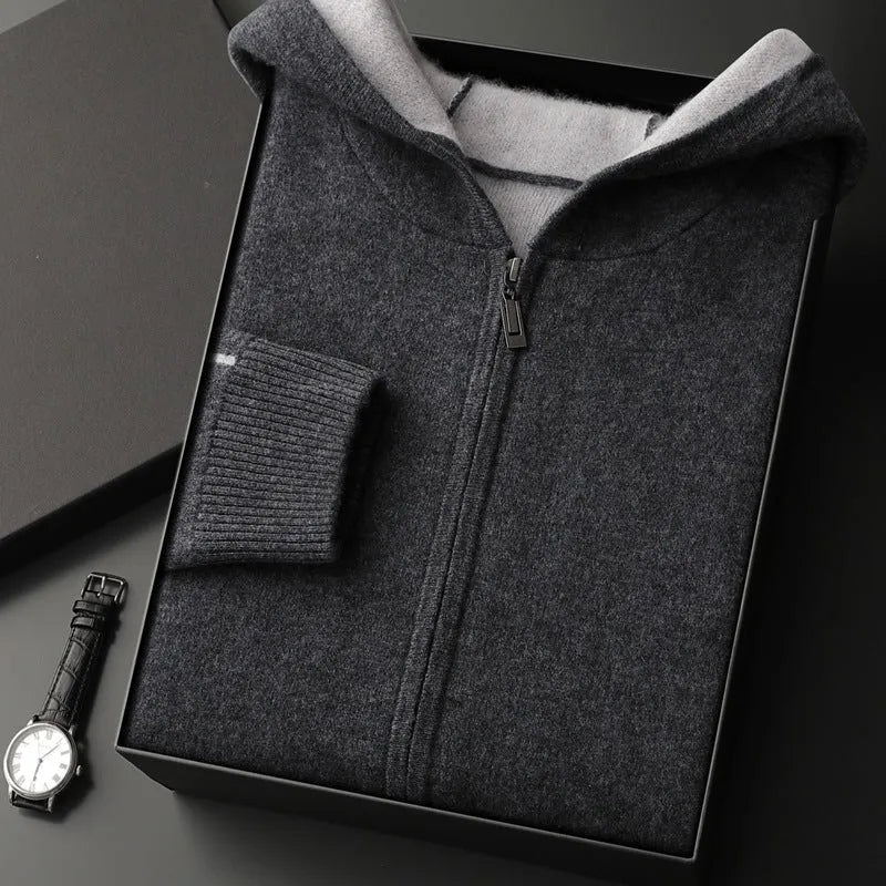 Men's dark blue cashmere cardigan with half-high collar and zip front closure in loose fit