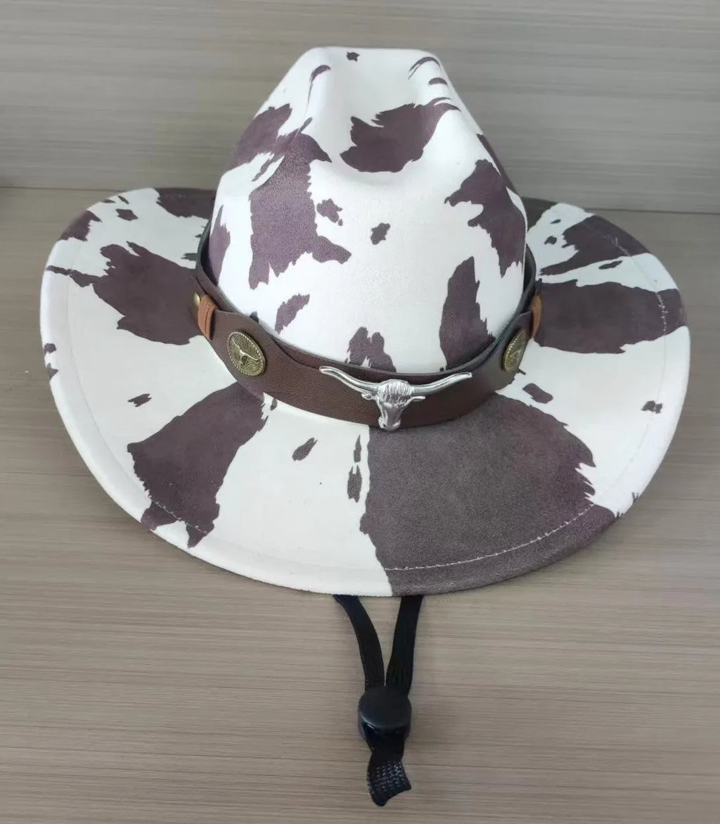 Brown leather velvet Western cowboy hat with curved brim and conical crown.