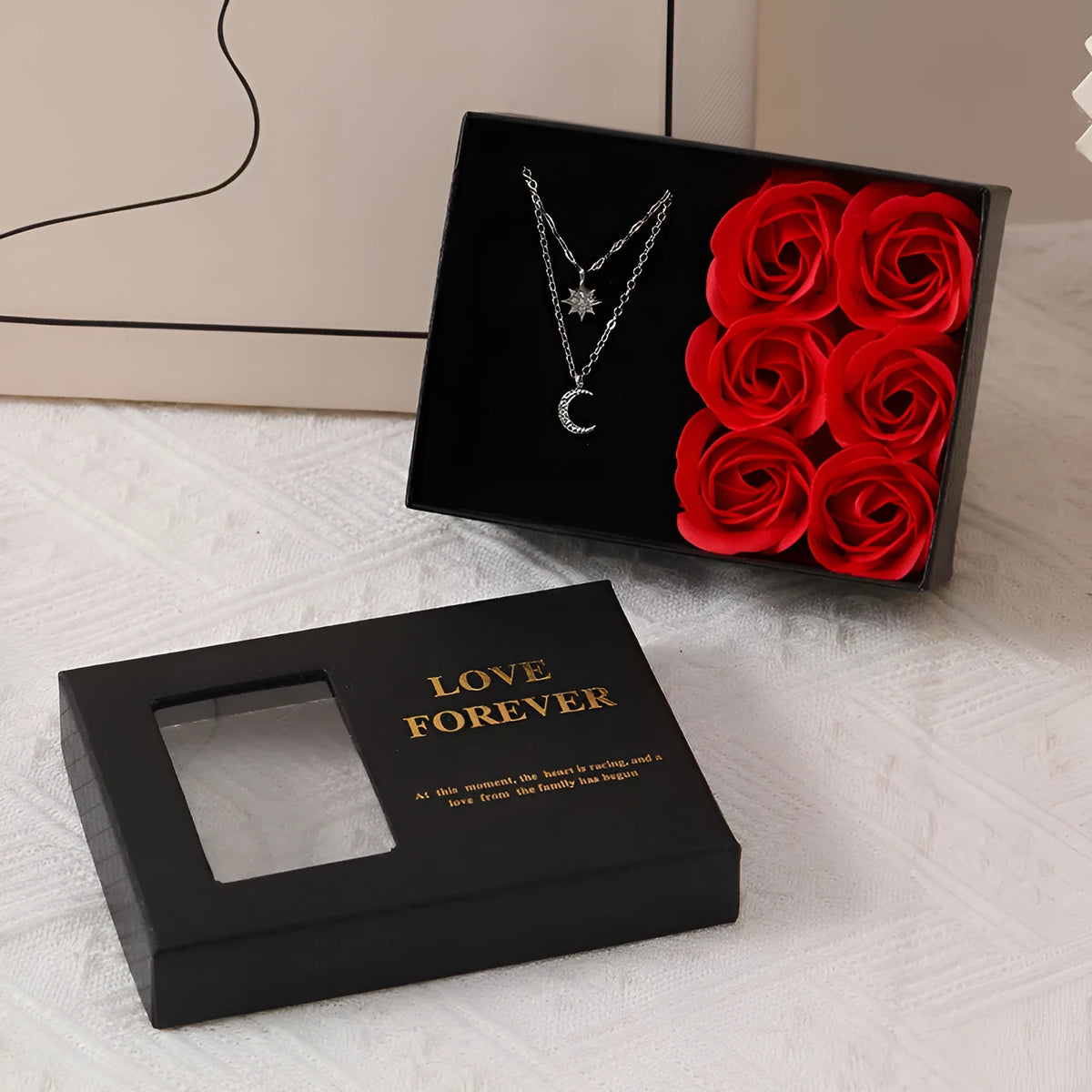 Korean style red soap flower gift set with six roses in a box and handbag