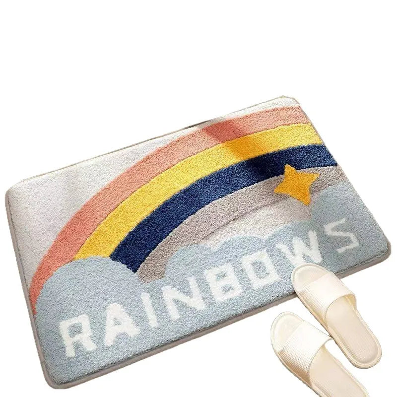 Rainbow print cashmere carpet floor mat with plastic bottom in sky and sea colours