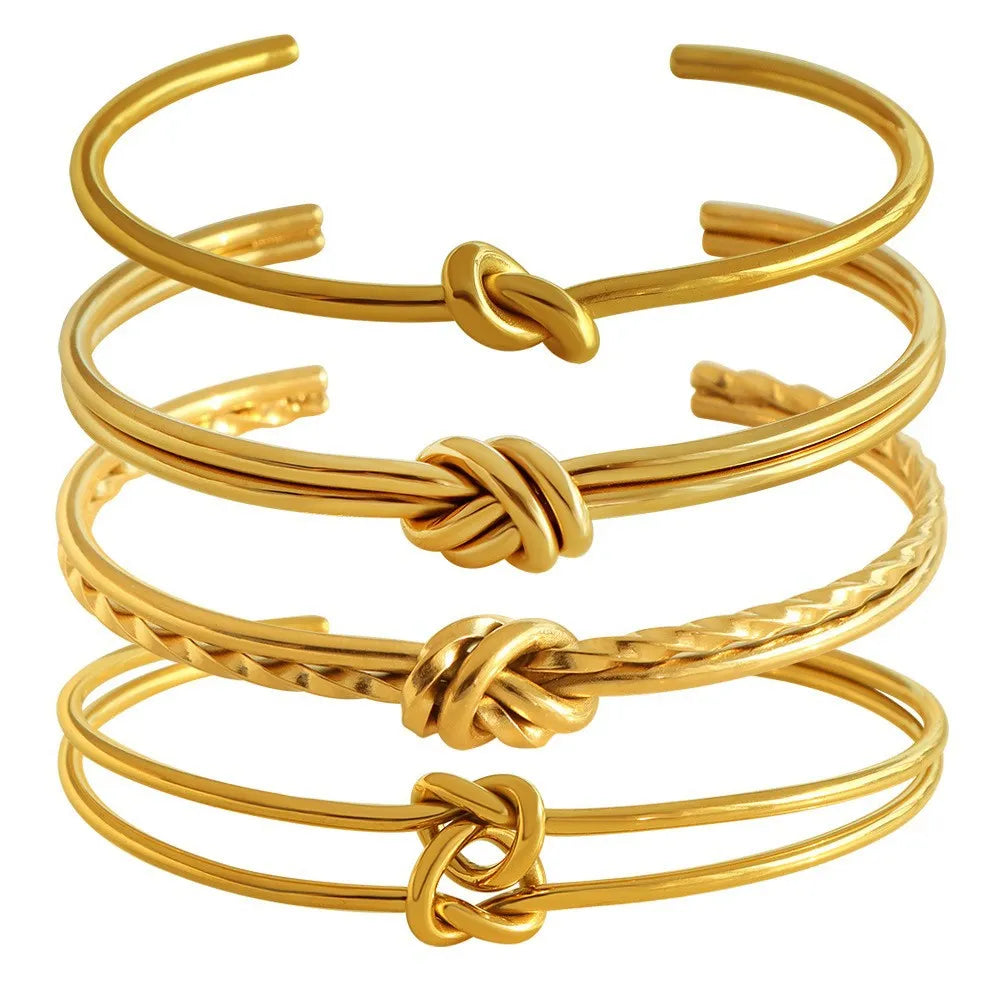 C-shaped open double-layer knotted bracelet in gold or silver plating with adjustable sizing
