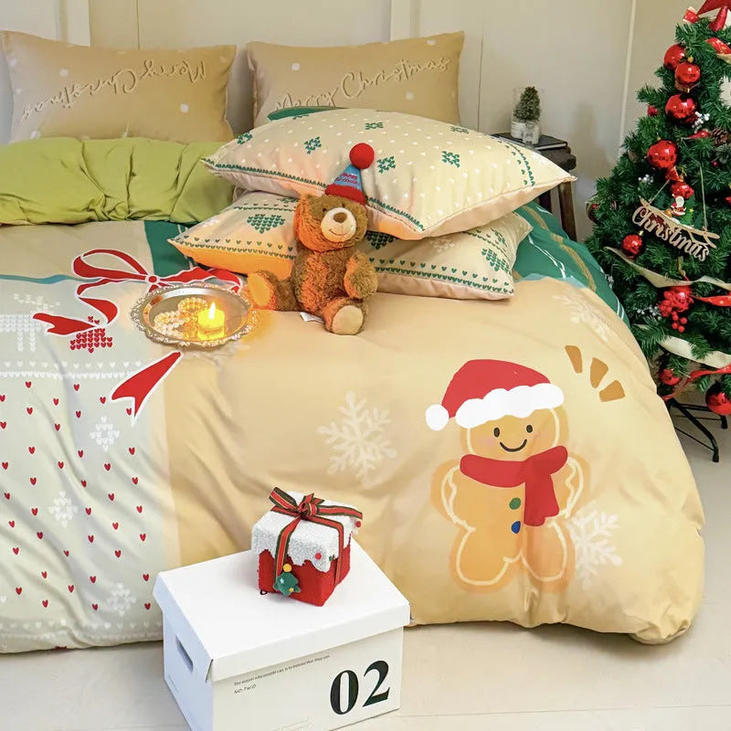 Christmas cartoon print four-piece bedding set on a bed, showing sheet, quilt cover and pillowcases.