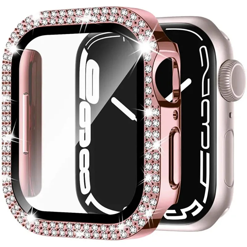 Peep-proof double diamond glass case for Apple watch shown in rose pink, gold, silver, and black colour options.