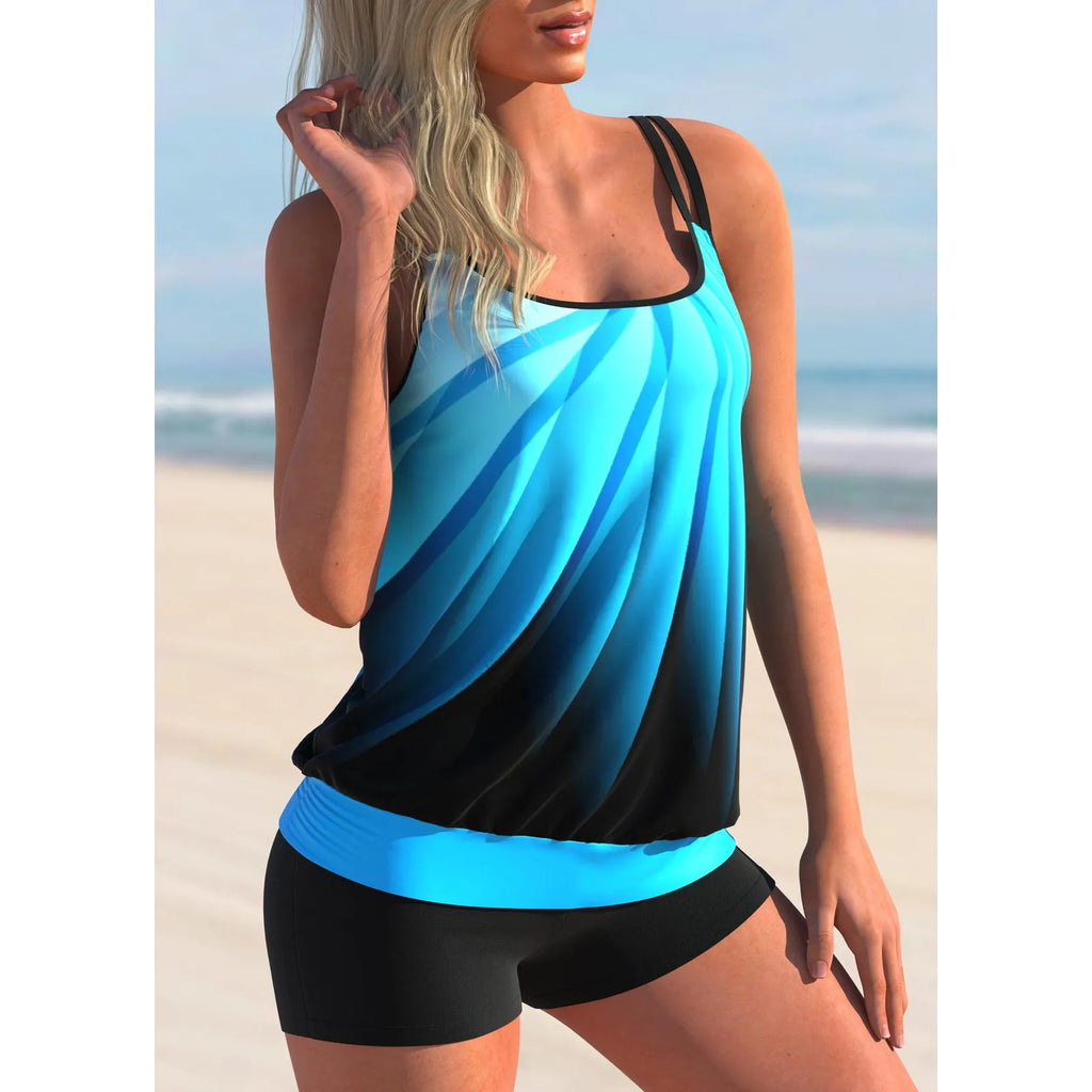 Women's plus size printed swimsuit set with strappy bikini top and matching beach shorts in butterfly pattern