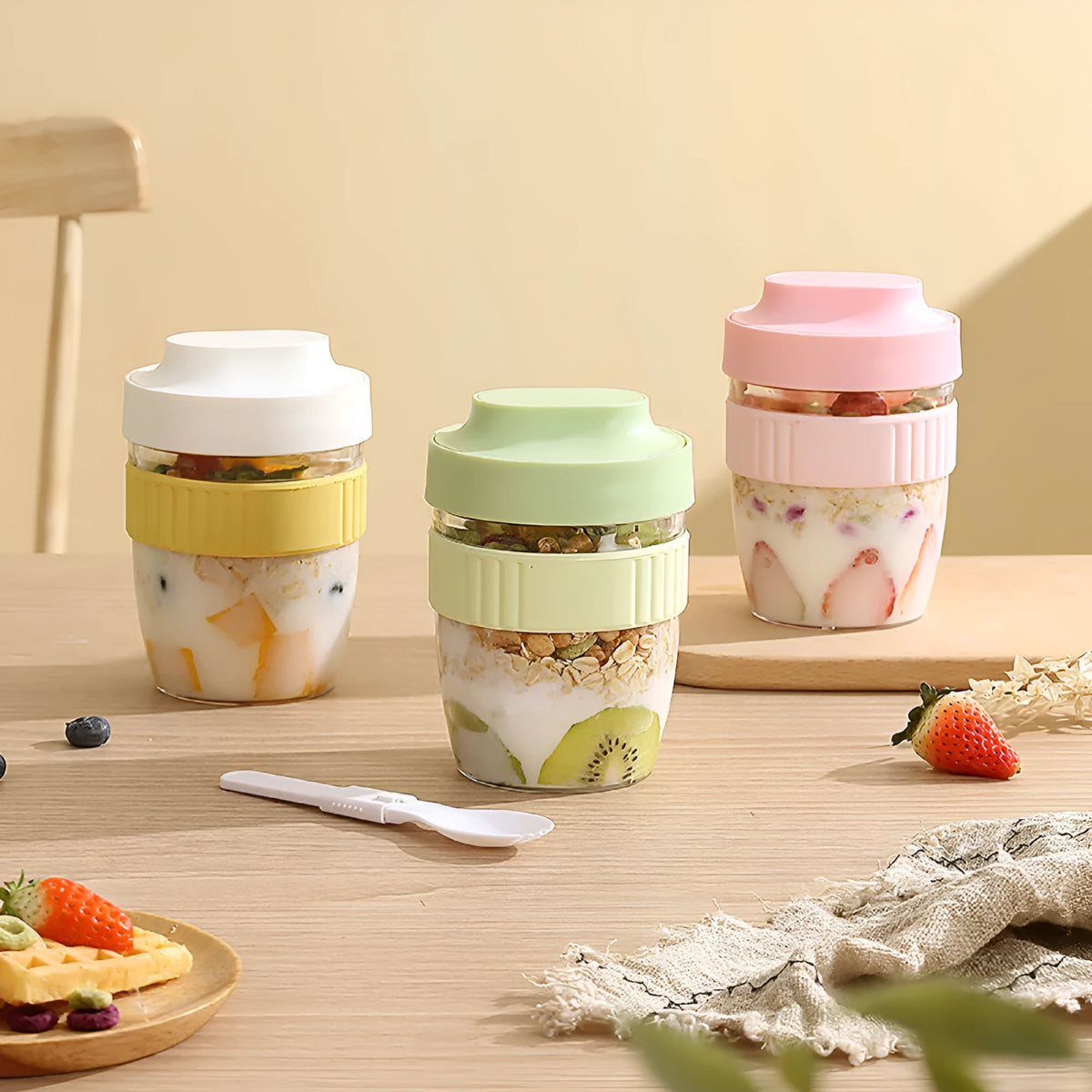 Green plastic salad cup with integrated spoon and lid showing seal and leak-proof design
