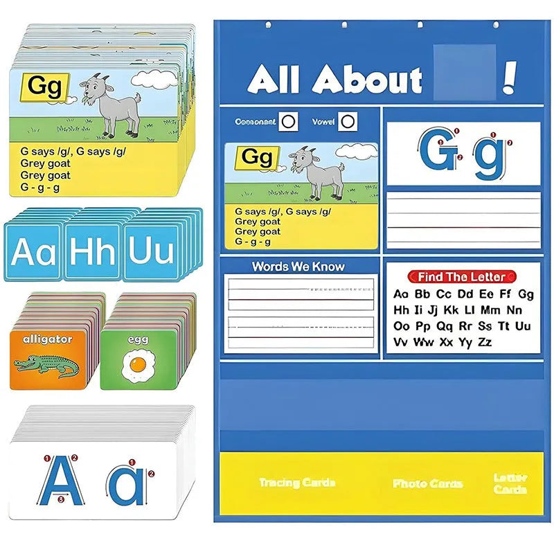 Children's alphabet learning sleeve table chart with wipe-clean surface and card set