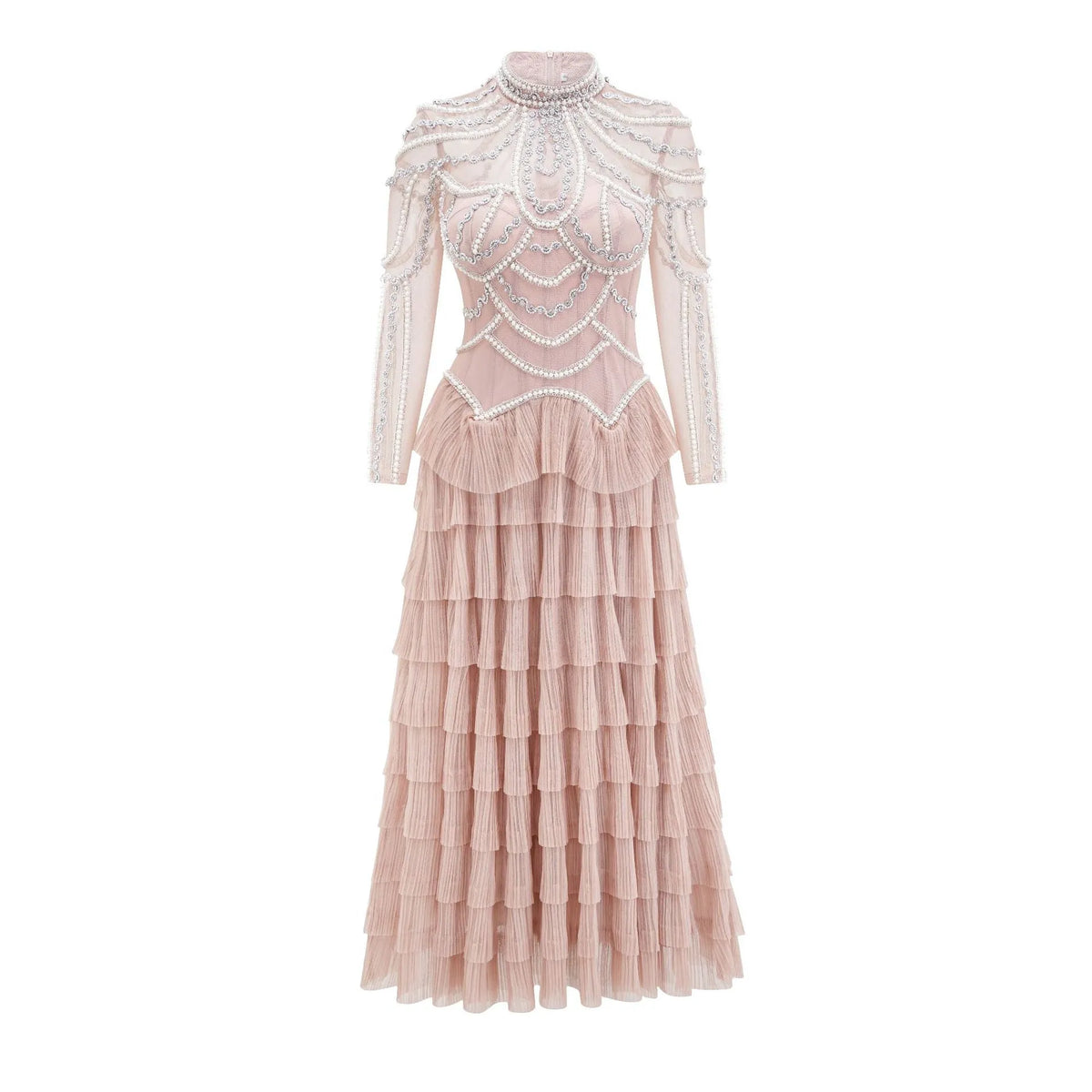 Women's black or pink evening dress with beaded decoration long sleeves floor length skirt