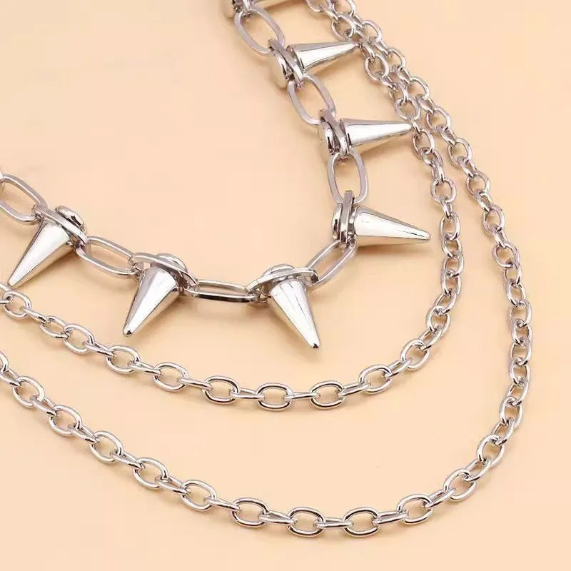 Silver metal double layer trousers chain with zipper and punk rivet details