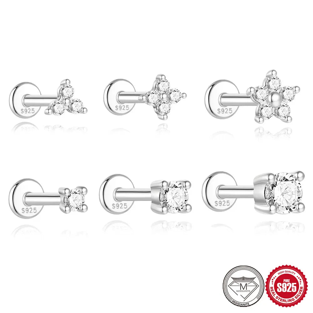 S925 sterling silver stud earrings with geometric petal design in platinum colour on ear.
