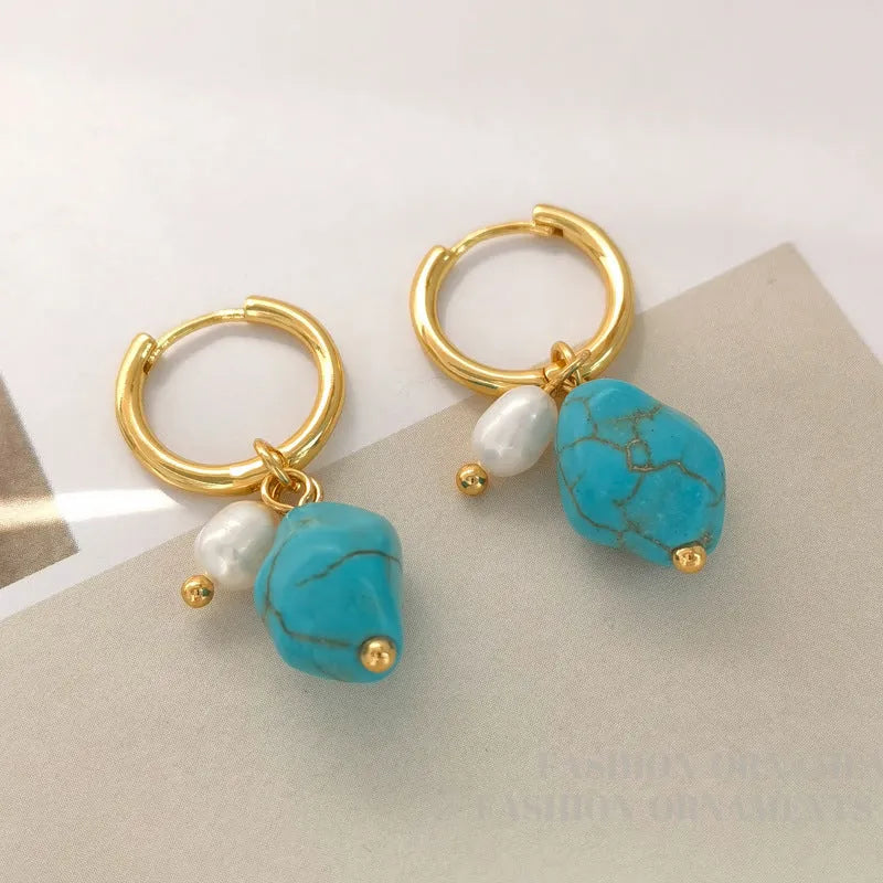 Geometric copper clip-on earrings with irregular turquoise cultured pearl in European style