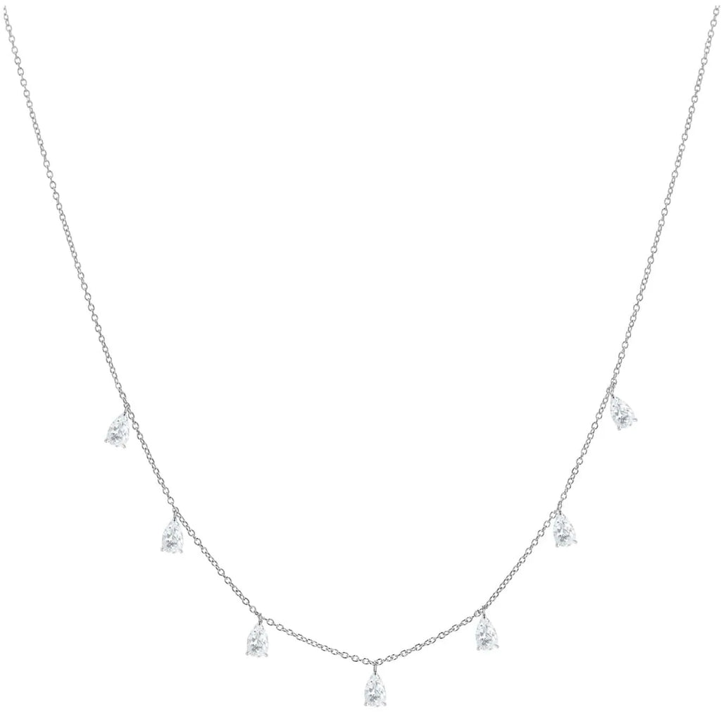 Gentle drop-shaped silver necklace with triangular details on an adjustable O-chain, shown in rose gold finish.