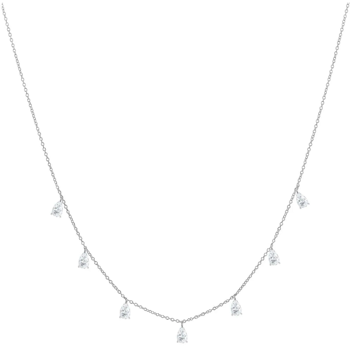 Gentle drop-shaped silver necklace with triangular details on an adjustable O-chain, shown in rose gold finish.