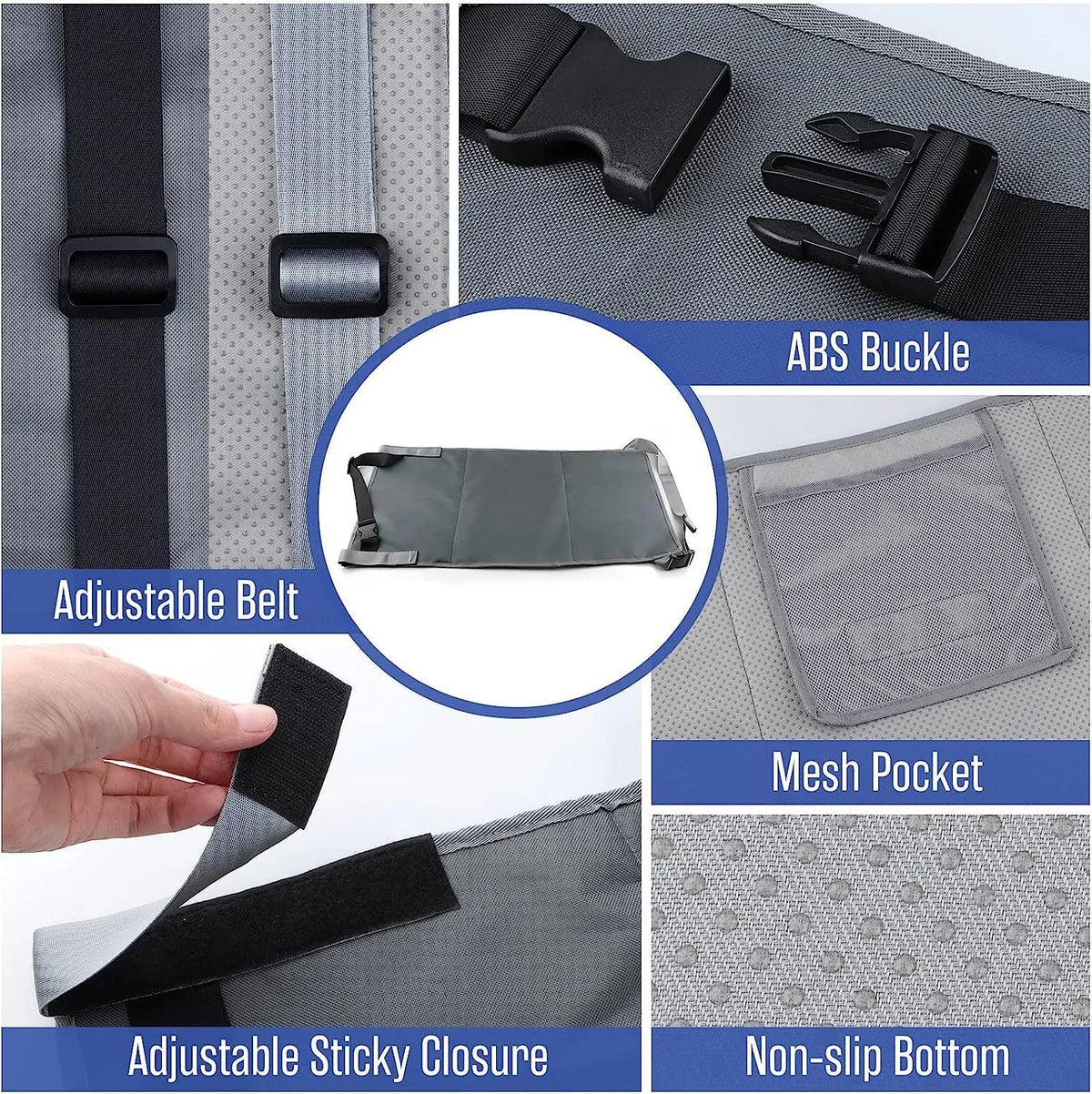 Portable children's aircraft pedal seat extender in blue nylon with extension device.