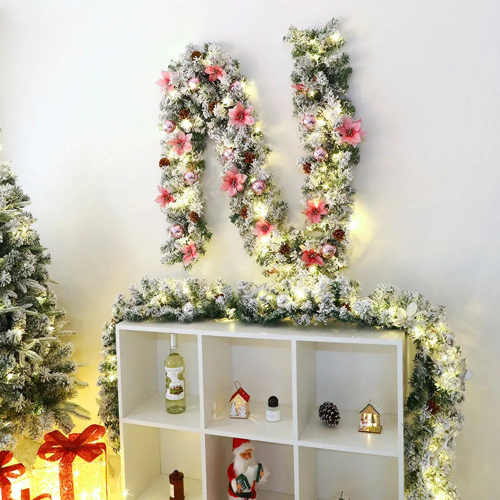 240cm Christmas rattan garland with flocking texture in golden colour option
