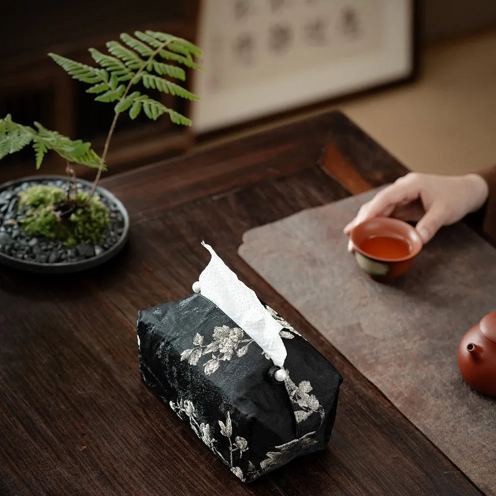 White plum embroidered Chinese brocade fabric tissue box cover with optional pearl buckle