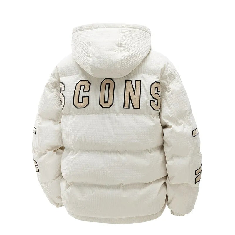 Men's Korean style winter coat with hood and side pockets in black or khaki colours with letter print