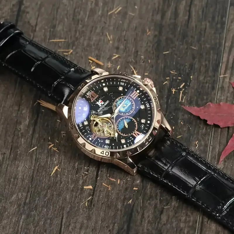Large dial hollow automatic mechanical watch with rose gold shell and black leather strap
