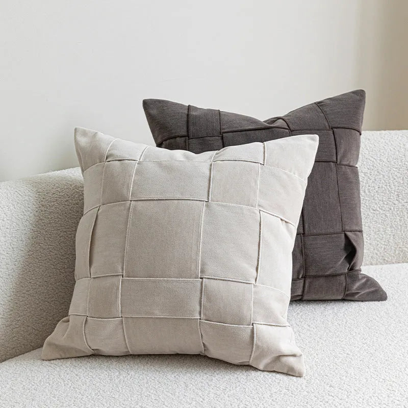 Square chenille woven cushion in beige, black, orange, reddish brown, retro green, rice coffee, or taupe, 50x50cm.