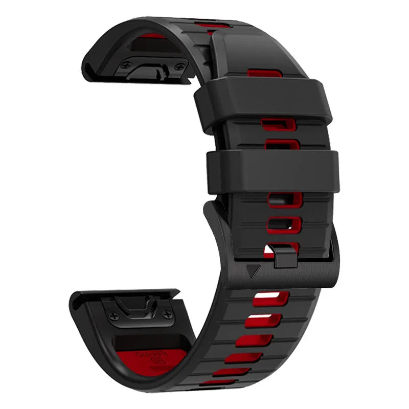 Two-tone quick release silicone watch strap for Garmin Fenix smartwatches in 22mm and 26mm sizes.