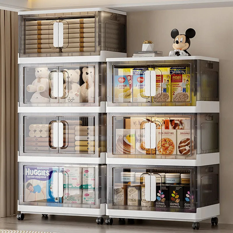 Foldable wardrobe storage locker with wheels in white or grey showing multiple layer shelves for household organisation