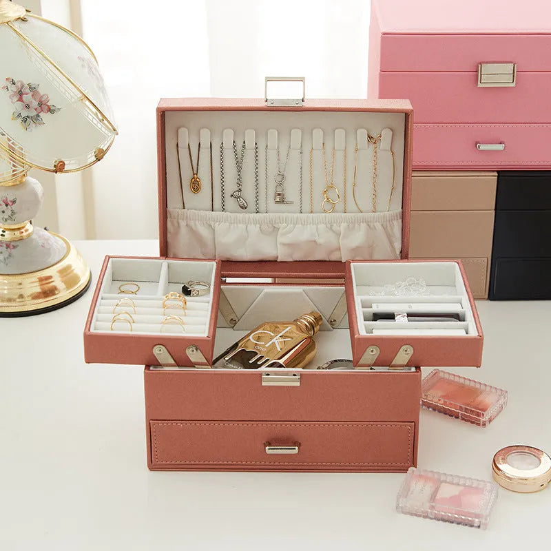 Hard rectangular PU leather jewellery storage box in a choice of black, pink, rose gold, or beige.