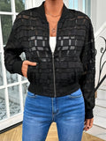 Black women's geometric pattern semi-transparent casual jacket with front zip