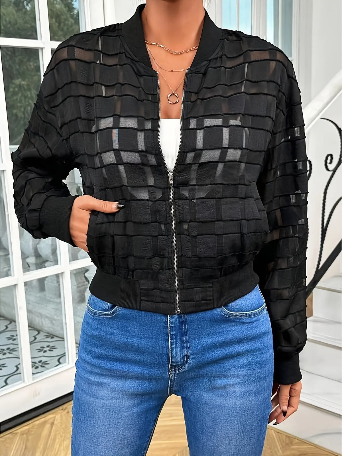 Black women's geometric pattern semi-transparent casual jacket with front zip
