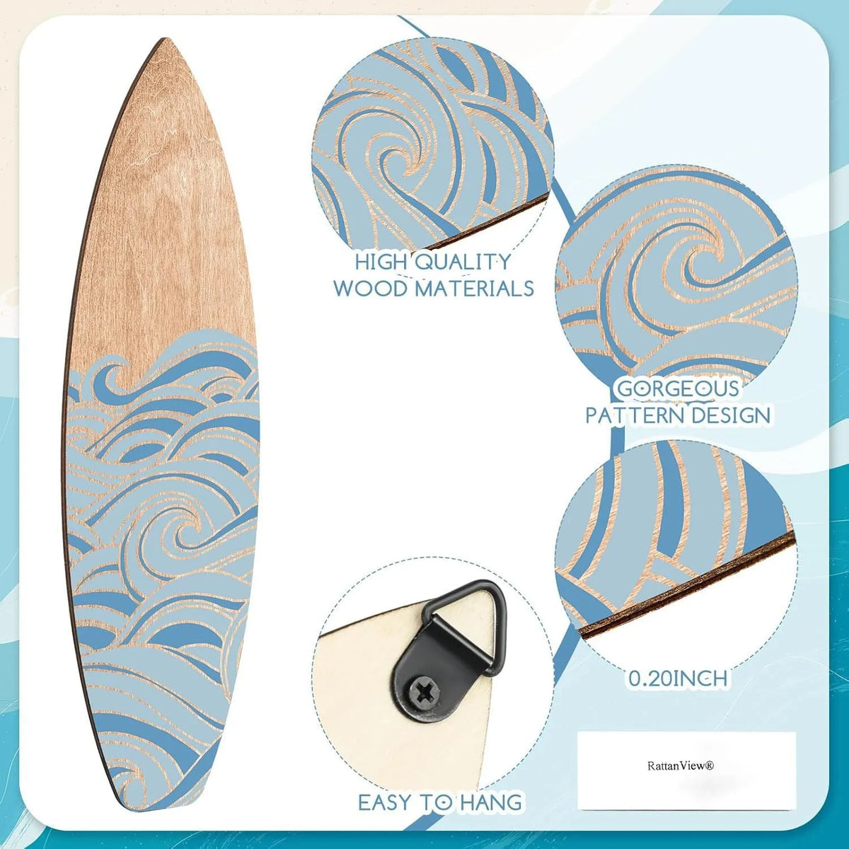 Three wooden surfboard wall decorations in boxwood with European style design