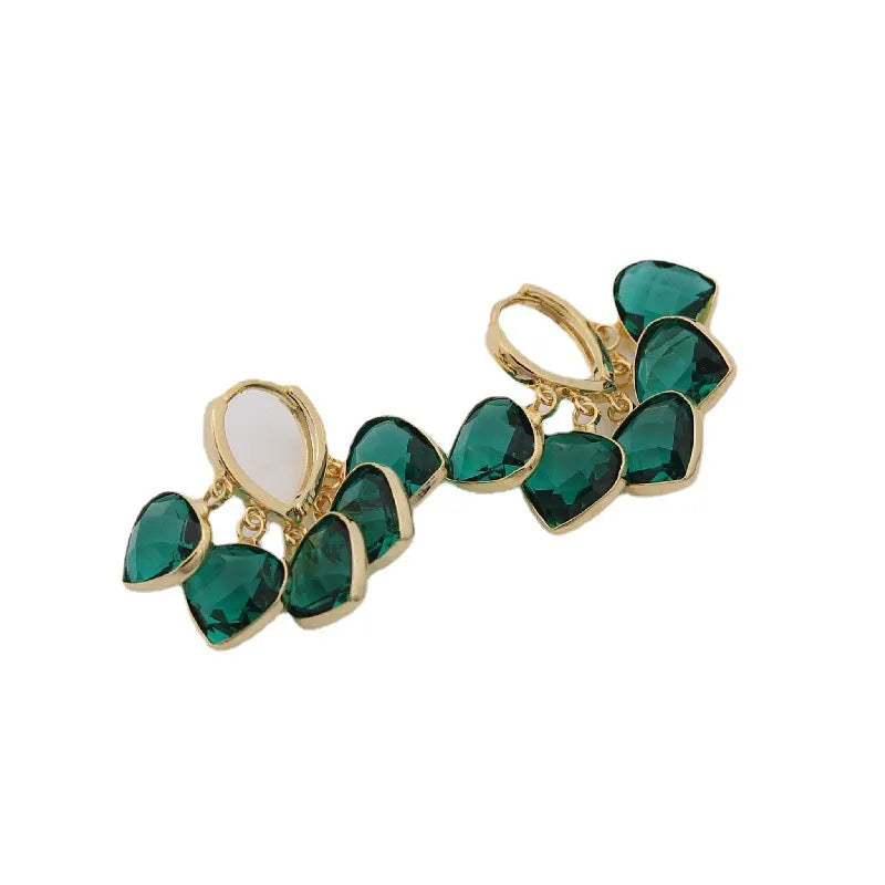 Korean style green heart-shaped glass pendant ear clip earrings for women