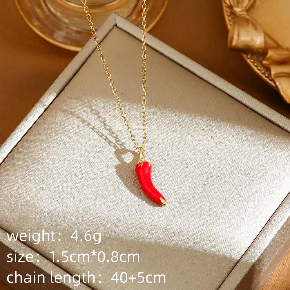 Women's titanium steel necklace with detailed pepper, strawberry and cherry pendants on O-ring chain